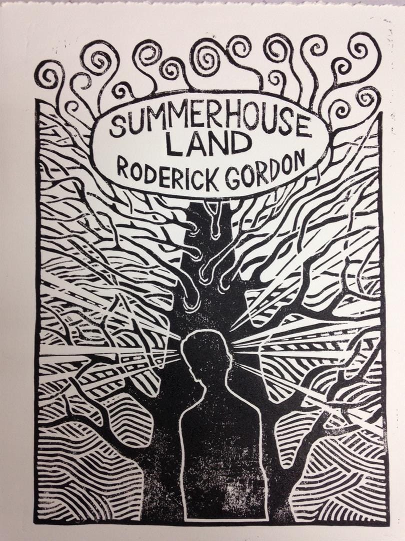 The original linocut print by Stanley Donwood: a bare tree with coiling branches above a silhouetted figure, the title set in a hand-lettered oval.