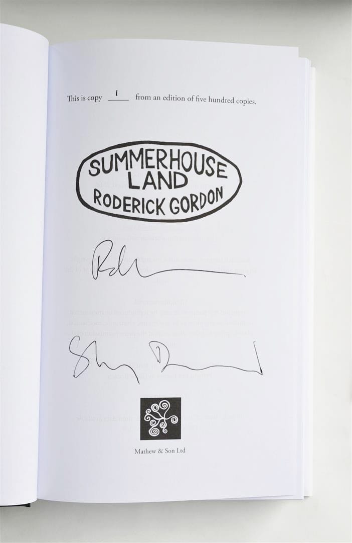The title page bearing two signatures, Roderick Gordon’s above Stanley Donwood’s.