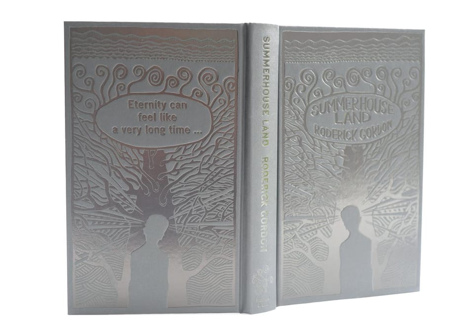 The book with its jacket removed, showing the illustration blocked across the black boards.