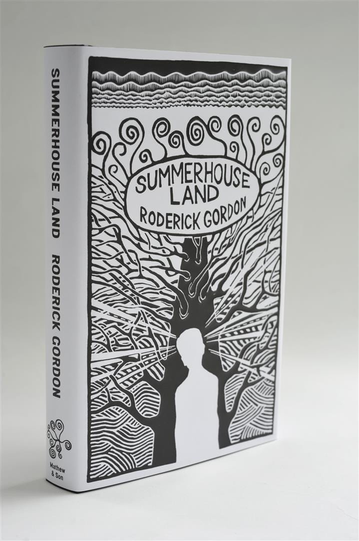The jacketed Summerhouse Land hardback standing upright, front cover and spine visible.