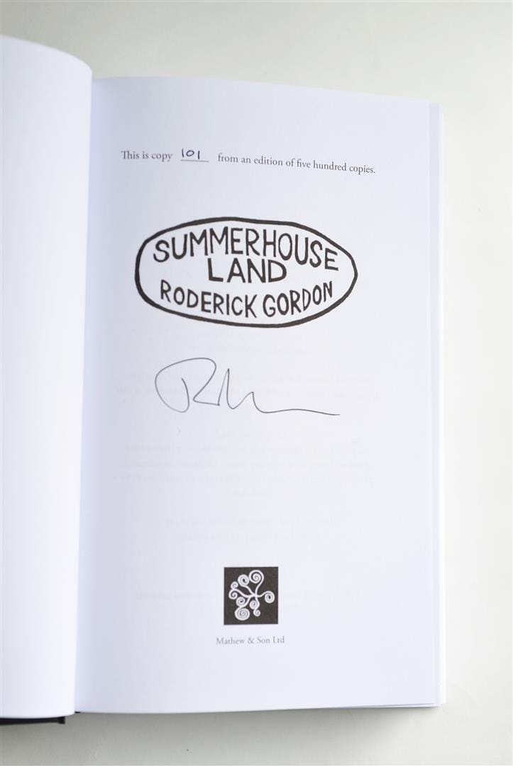 The title page, signed by Roderick Gordon in ink beneath the printed title.